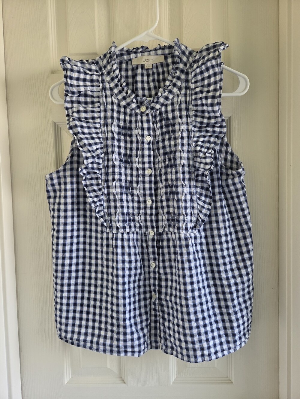 LOFT Blue White Gingham Ruffle‎ Sleeveless Button Up Shirt Tank Cotton Size M